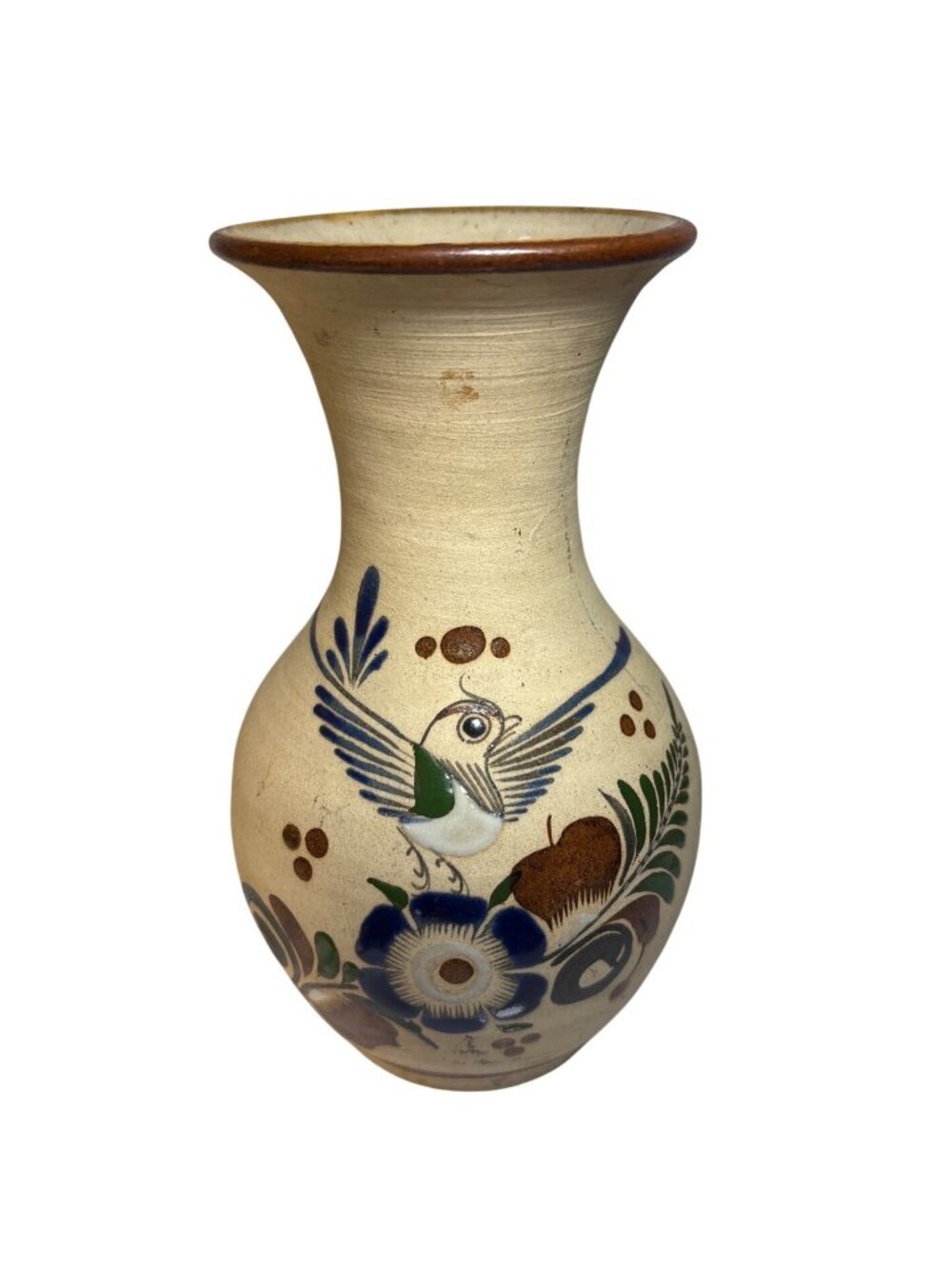 Mexican Tonala Folk Art Sandstone Pottery Vase Blue Green Bird Floral Motif 7"